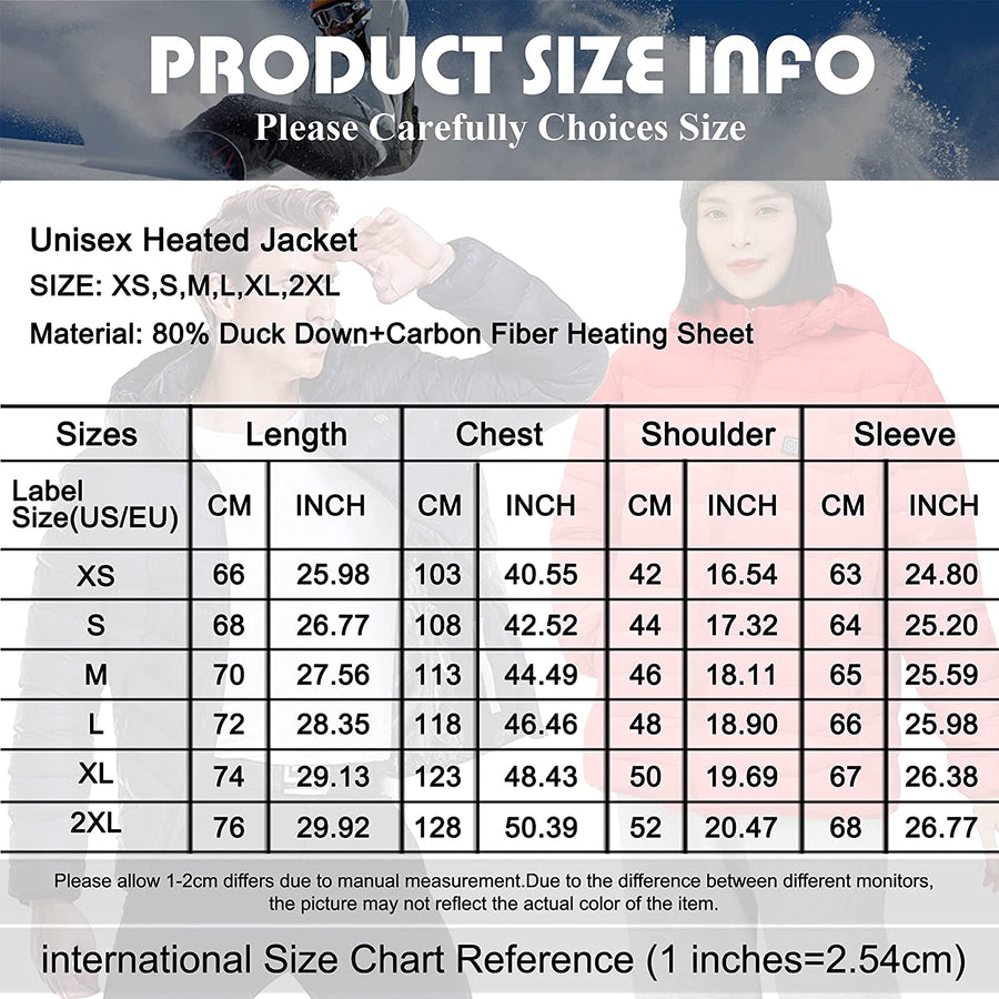 heated duck down jacket size guide