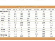 Size height and weight reference table with measurements for various clothing parts for heated down jacket