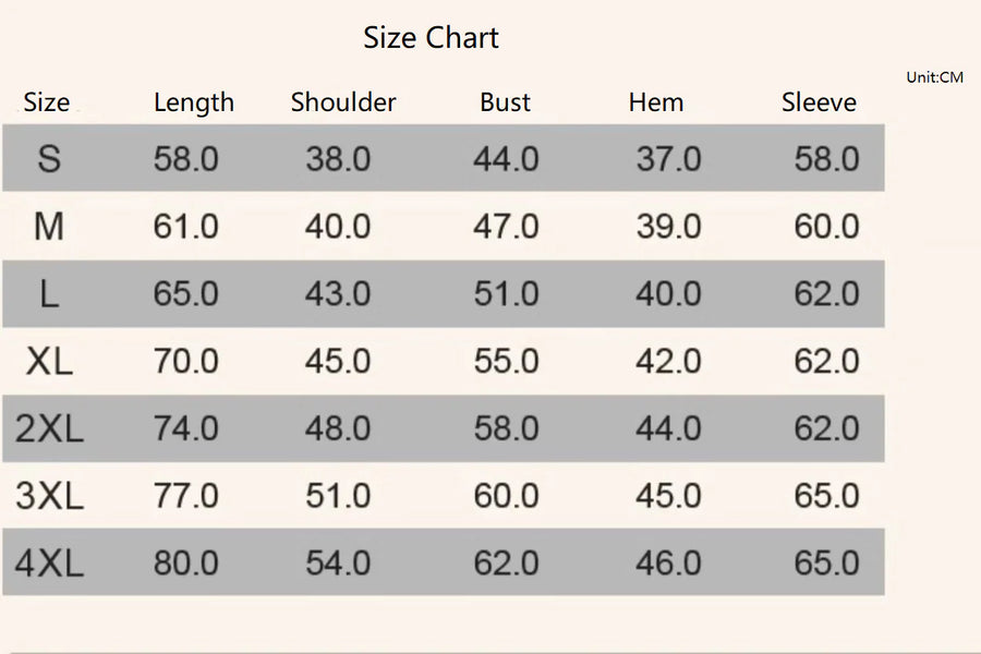 Size chart for clothing measurements in centimeters