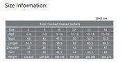 Size chart for kids' hooded heated jackets with measurements in centimeters.