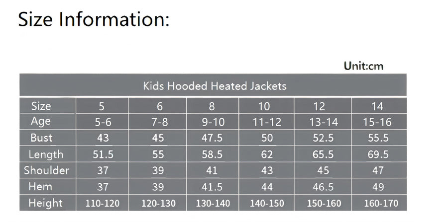 Size chart for kids' hooded heated jackets with measurements in centimeters.