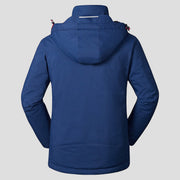 men's navy blue Heated Trekking Jacket with 3 heat zones and detachable hood rear