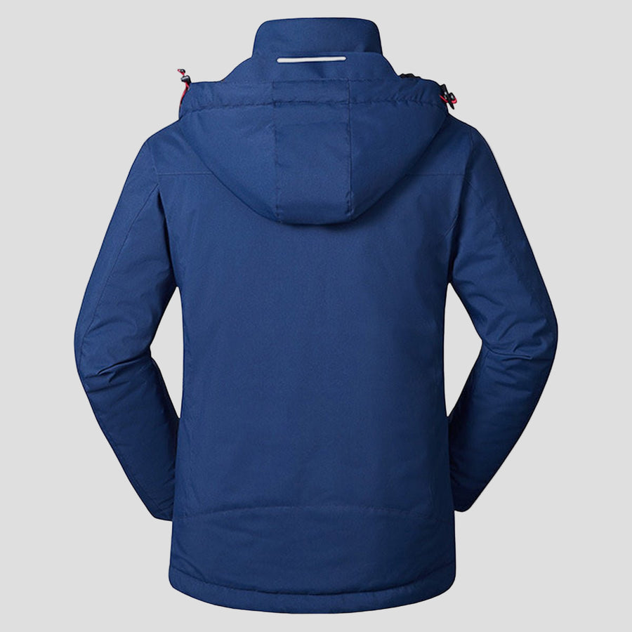 men's navy blue Heated Trekking Jacket with 3 heat zones and detachable hood rear