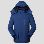 men's navy blue Heated Trekking Jacket with 3 heat zones and detachable hood