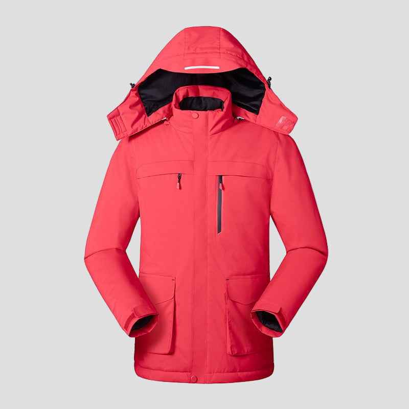 men's red Heated Trekking Jacket with 3 heat zones and detachable hood