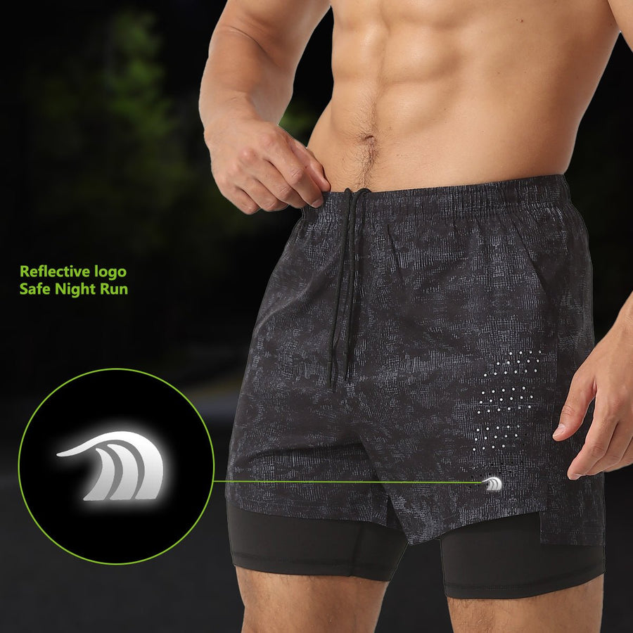 Double Layer Printed Sports Shorts reflective logo Anniou