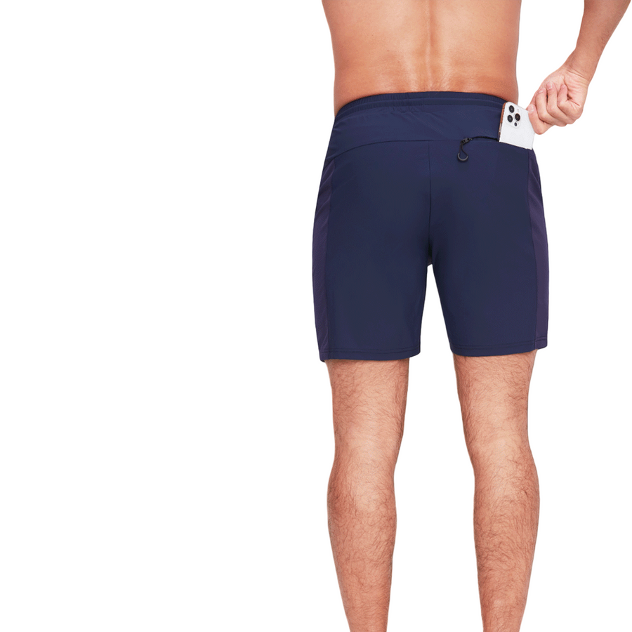 Mens Navy Blue Ice Silk Gym Shorts Back Pocket  zip
