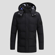 men's black Long Padded Heated Down Jacket with hood and pockets