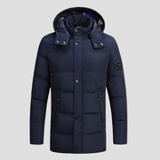 men's navy blue Long Padded Heated Down Jacket with hood and pockets