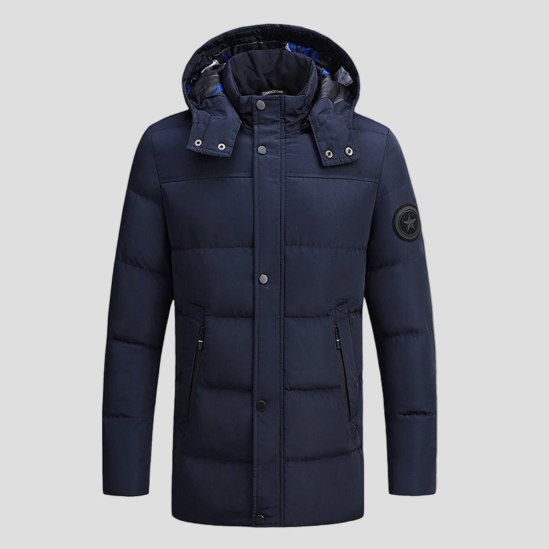 men's navy blue Long Padded Heated Down Jacket with hood and pockets