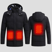 men's black Long Padded Heated Down Jacket with hood and pockets with 3 heated areas