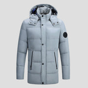 men's gray Long Padded Heated Down Jacket with hood and pockets