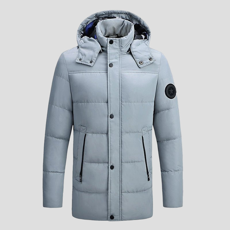 men's gray Long Padded Heated Down Jacket with hood and pockets