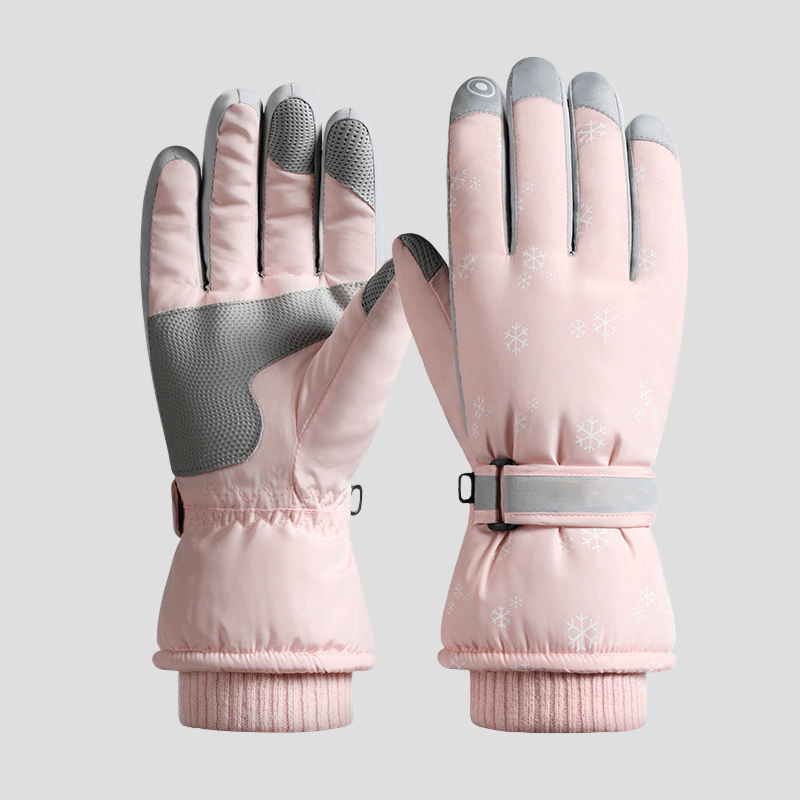Women's pink and gray snow flake Fleece Ski Gloves