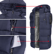 Navy blue heated puffer vest with detailed views of zippers and hood on a white background
