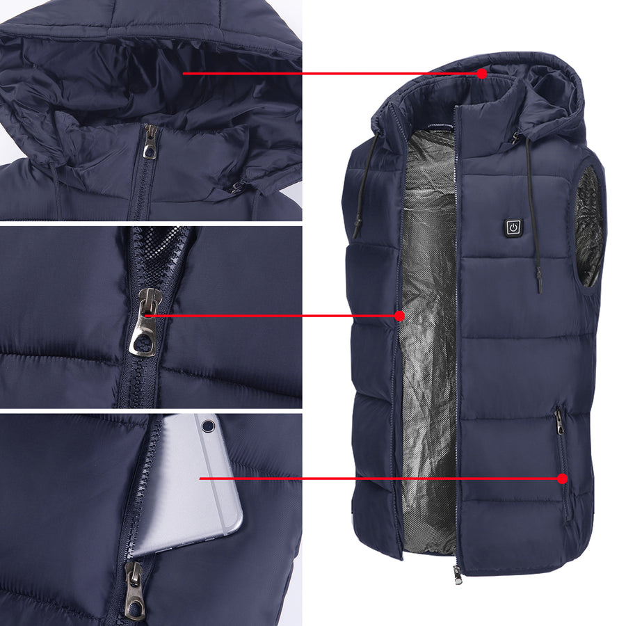Navy blue heated puffer vest with detailed views of zippers and hood on a white background