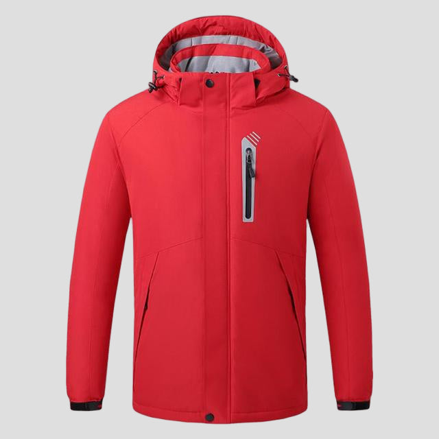 unisex red 8 area heated ski jacket with detachable hood and zip