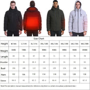 Four men wearing different colored jackets with a size chart below.