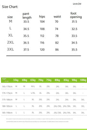 Size chart for pants with measurements in centimeters and kilograms.