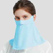 Person wearing a light blue neck and face cover against a plain background