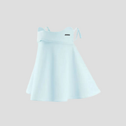 Light blue face mask upf 50+ with thin straps on a beige background