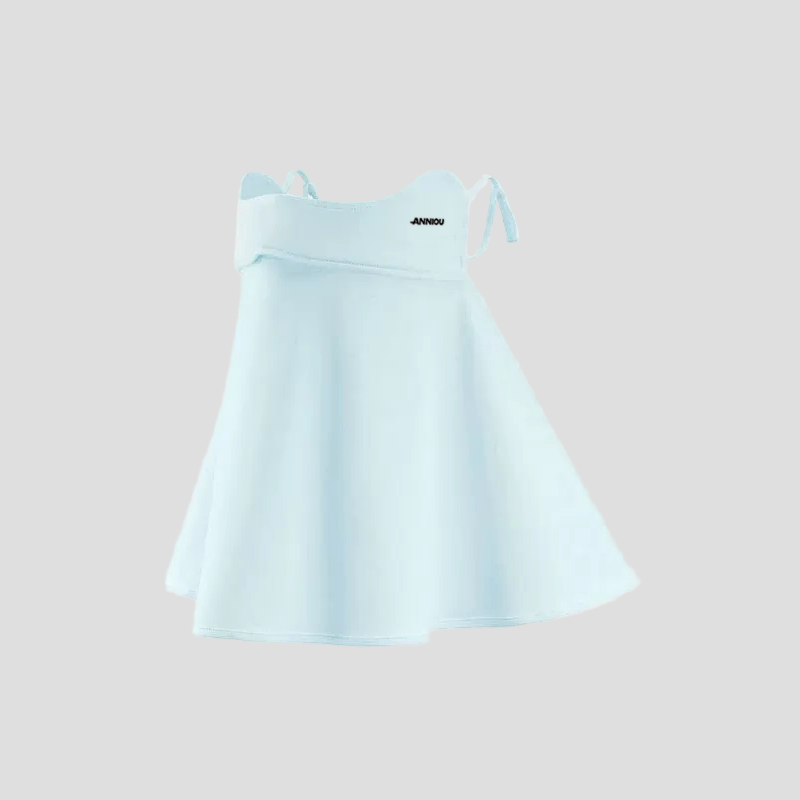 Light blue face mask upf 50+ with thin straps on a beige background