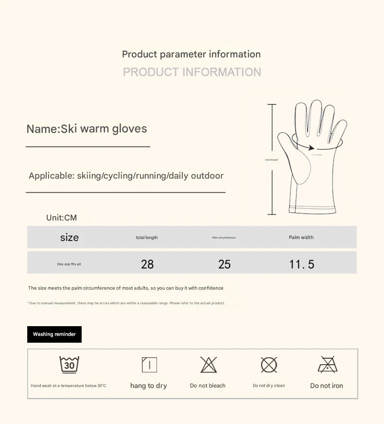 Product information for ski warm gloves including size details and care instructions.