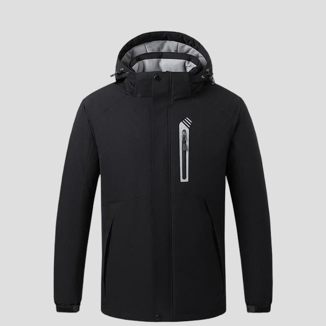 unisex black 8 area heated ski jacket with detachable hood and zip