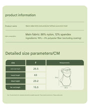 Product information card for a black rubber brim neck protector with size parameters on a green background.