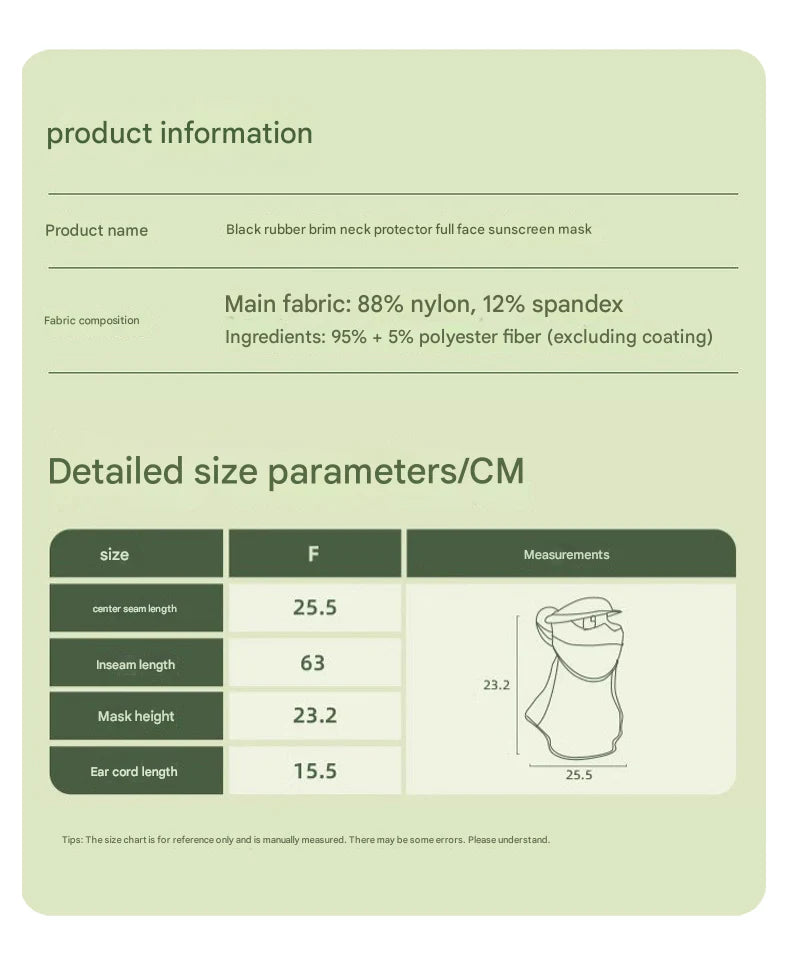 Product information card for a black rubber brim neck protector with size parameters on a green background.