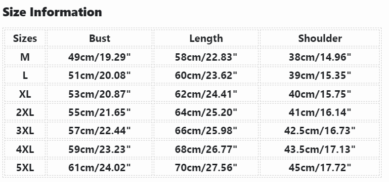 Size chart for clothing with measurements in centimeters and inches.