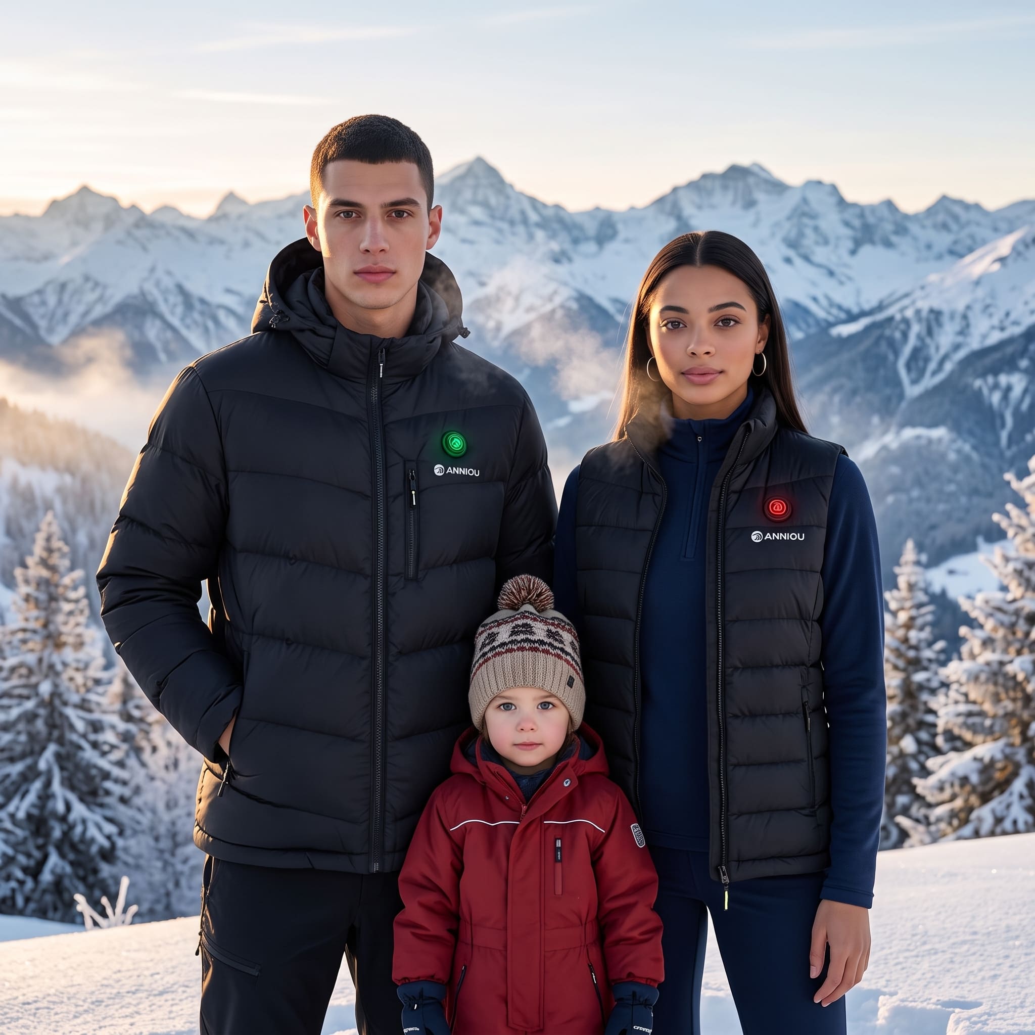 family wearing heated clothing with a mountain behind
