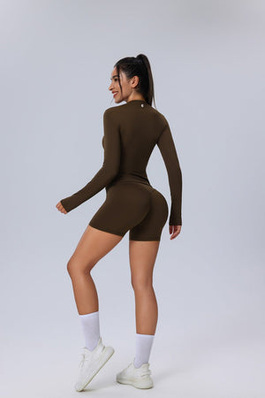 #brown Long Sleeve Yoga Top and shorts high waist