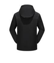 men's black Heated Hooded Softshell Jacket back hood and zip on arm