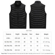 Black puffer vest shown from front and back with a size chart below.