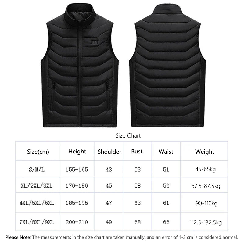 Black puffer vest shown from front and back with a size chart below.