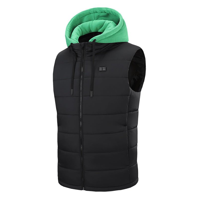 Mens light green zip Hooded Heated Vest with drawstring 