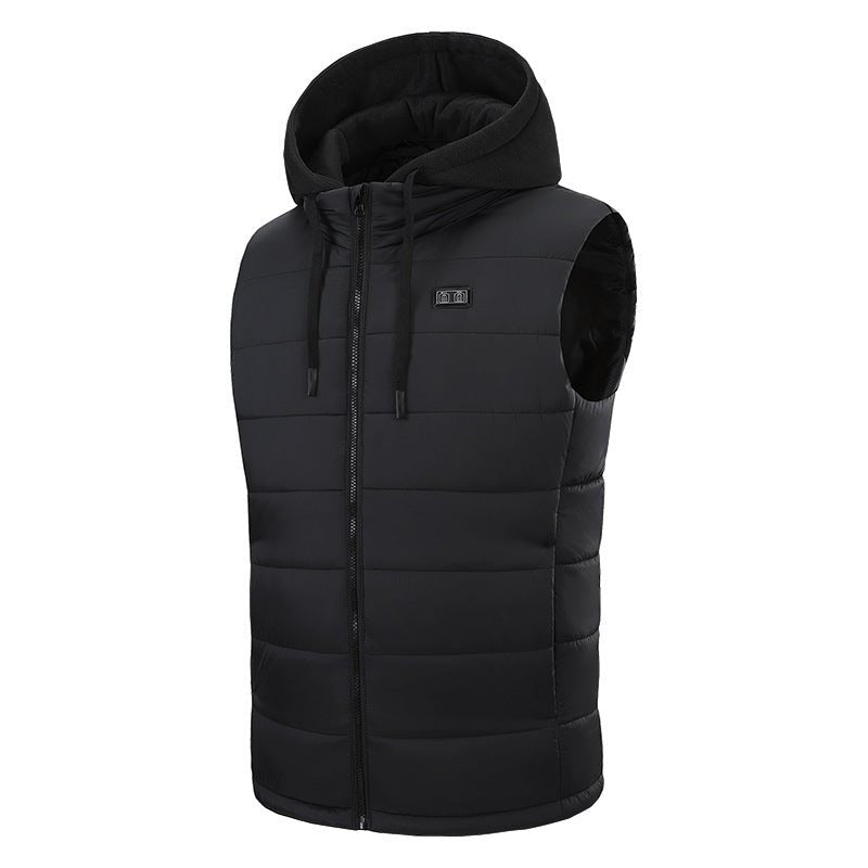 Mens black zip Hooded Heated Vest with drawstring 