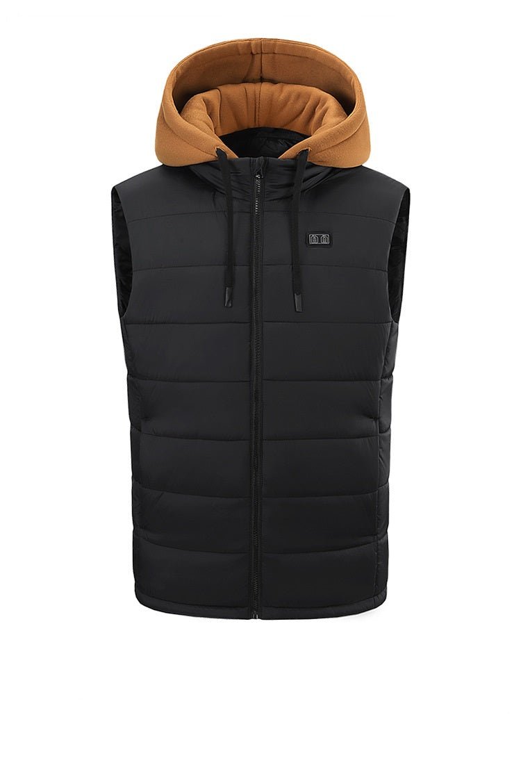 Mens coffee brown zip Hooded Heated Vest with drawstring 