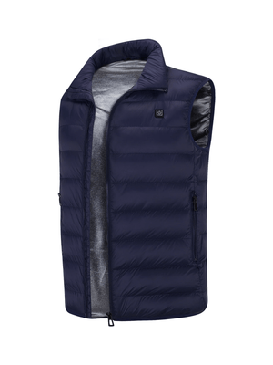 Navy blue puffer vest on a white background
