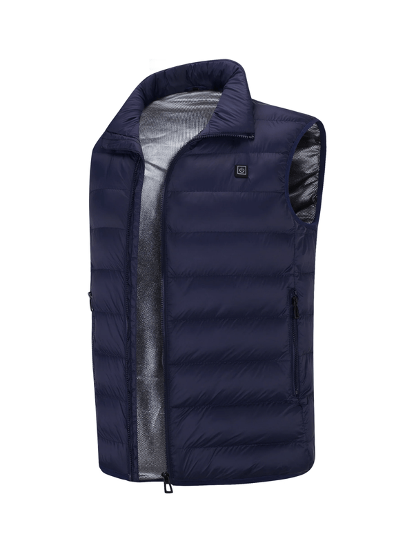Navy blue puffer vest on a white background