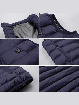 Collage of a navy blue puffer jacket showing different angles and details on a light gray background.