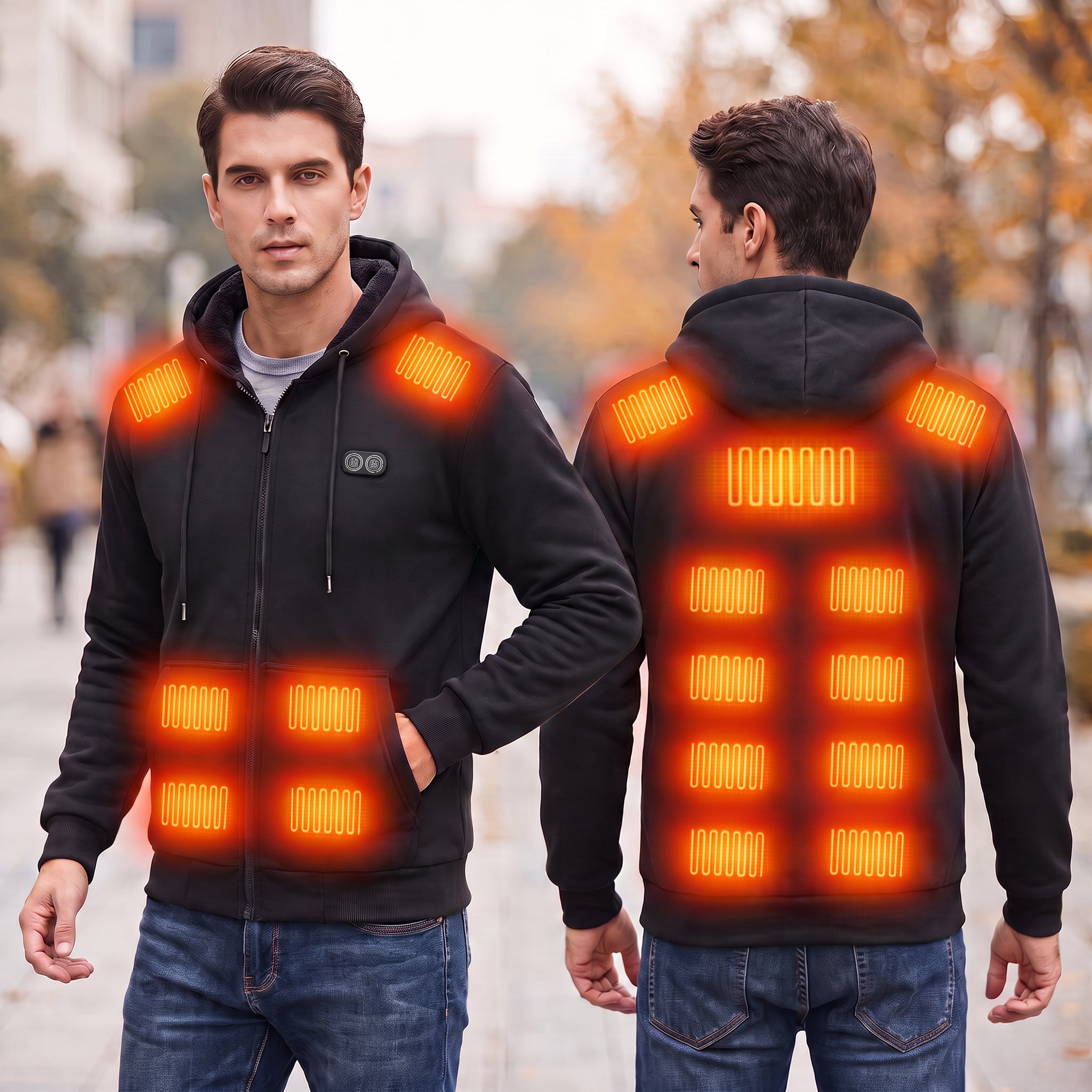 17 area dual control heated zip up hoodie