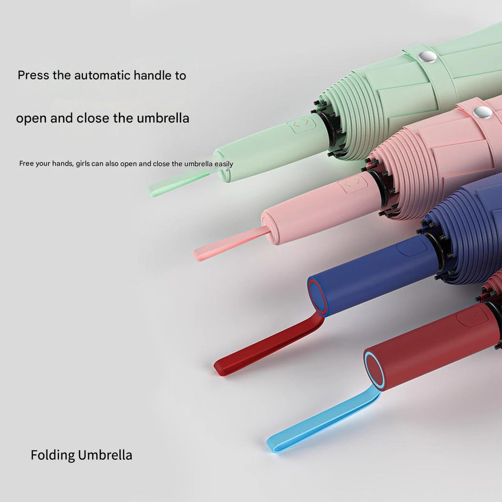 Folding umbrellas in green, pink, blue, and red on a light gray background.