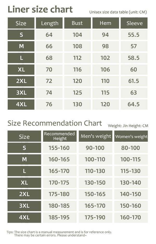Men and Women's 3-in-1 Removable Shell Jacket sizing