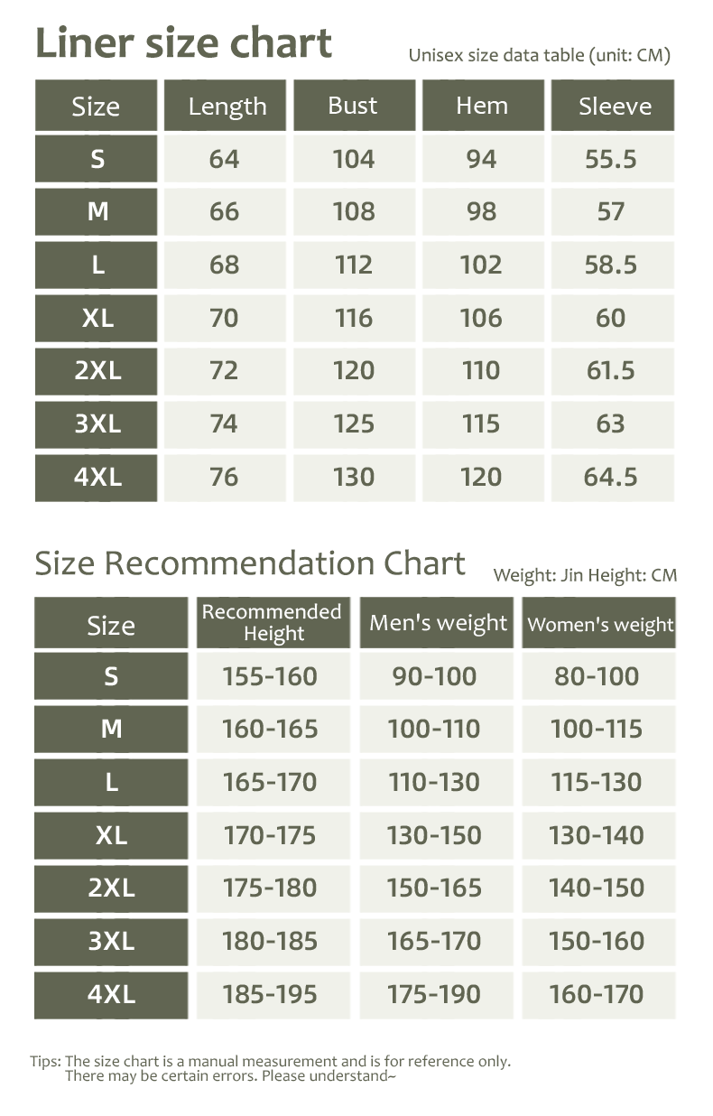 Men and Women's 3-in-1 Removable Shell Jacket sizing