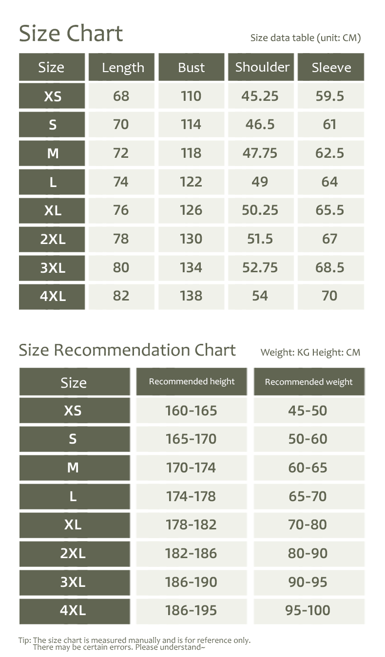 3 in 1 Goose Down Hooded Jacket size guide