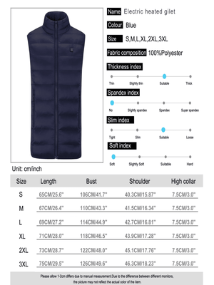 Blue electric heated gilet with size chart and specifications on a white background