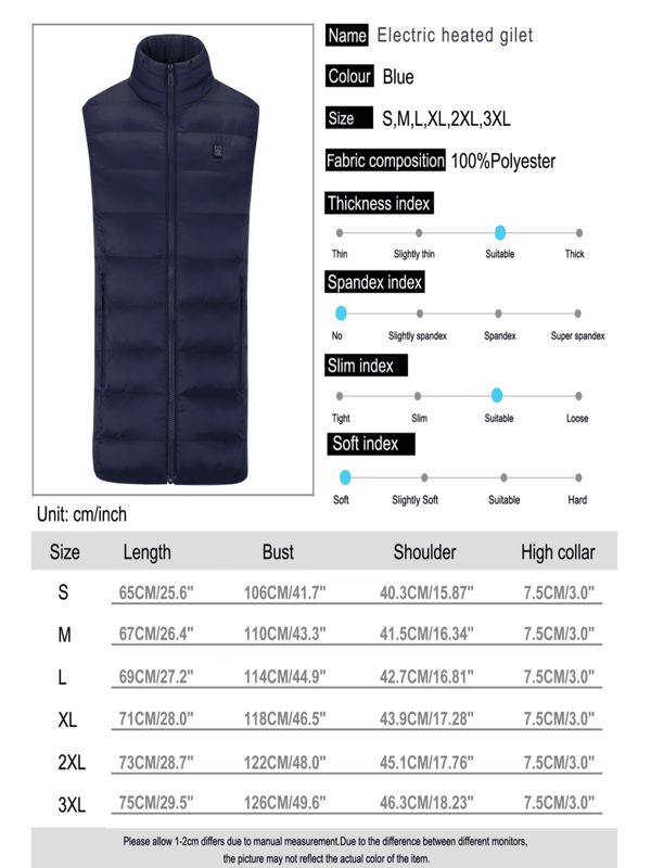 Blue electric heated gilet with size chart and specifications on a white background