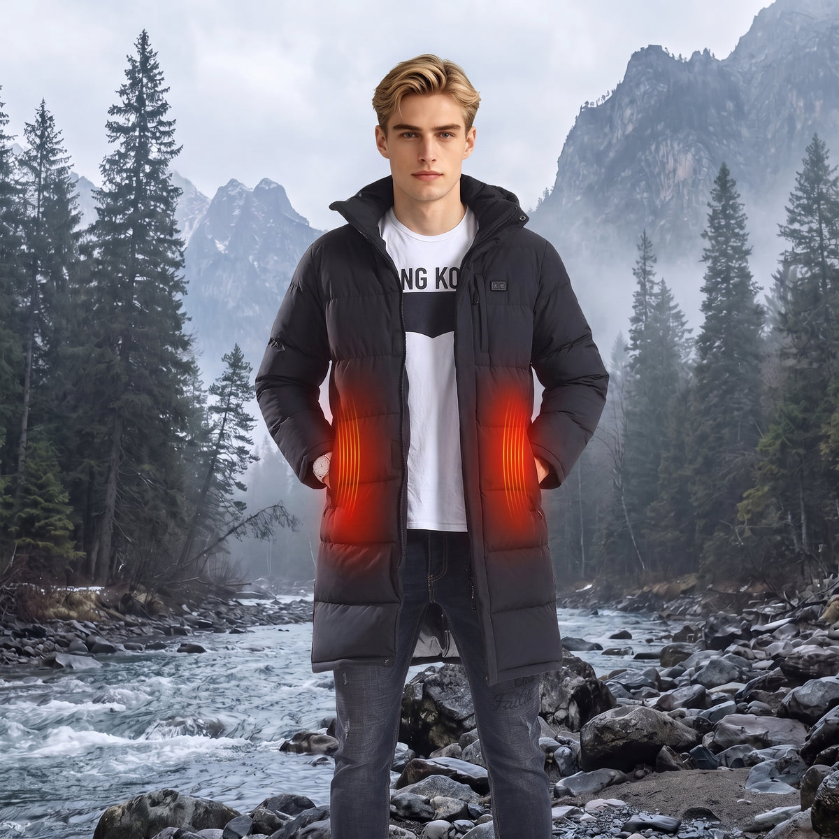 4 area Mid Length Heated Quilted Jacket